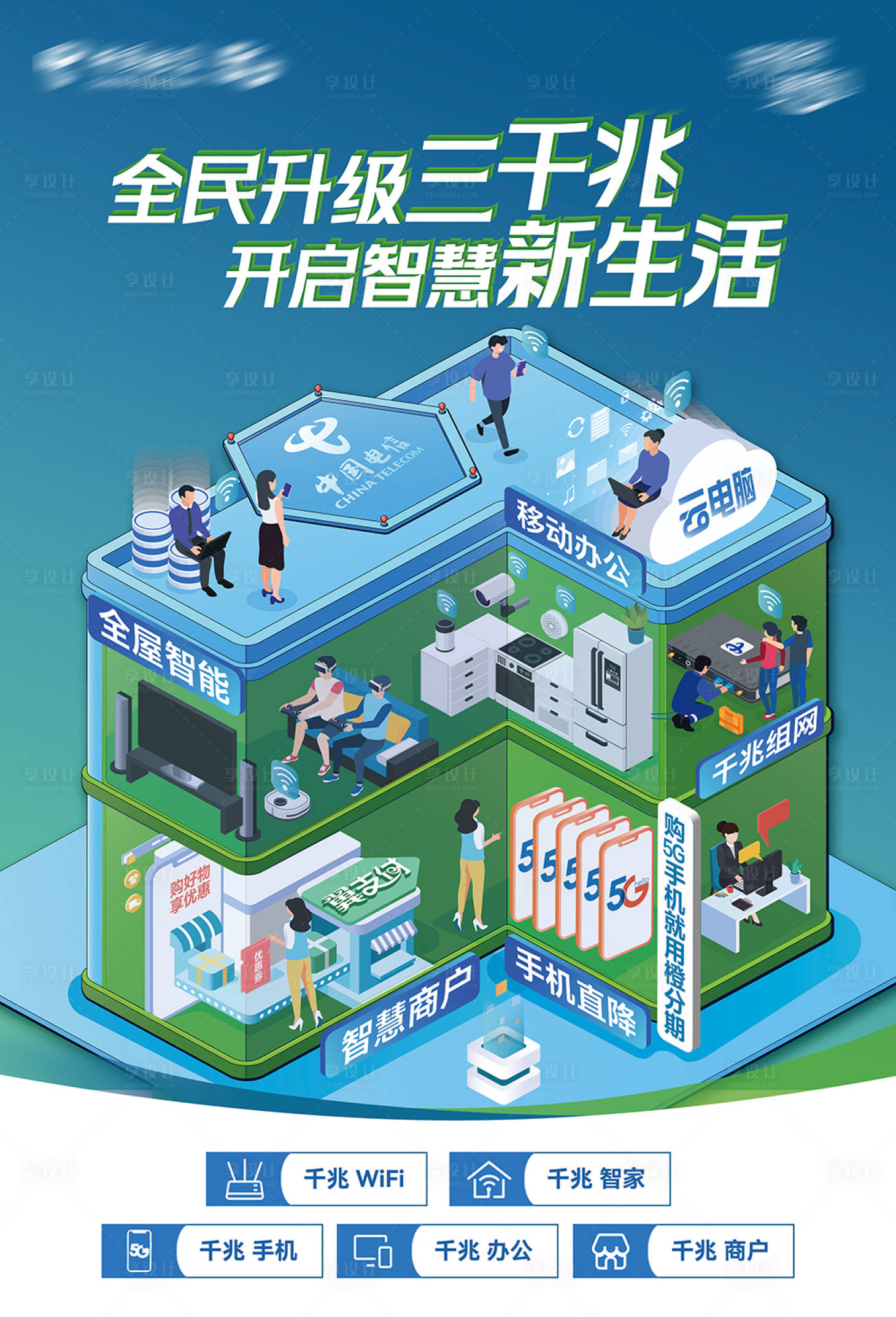 源文件下载【享设计】搜索编号：90820019427062855【智慧商户千兆生活2.5D行业海报】