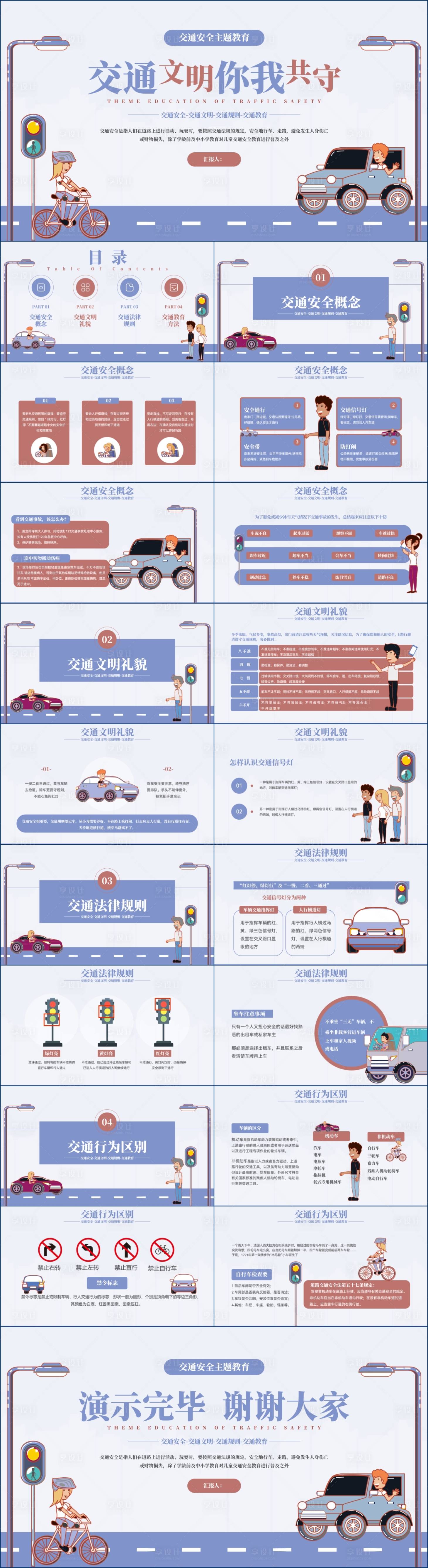 源文件下載【享設計】搜索編號：72790019289737206【海螺藍紅扁平風交通安全用PPT模板】