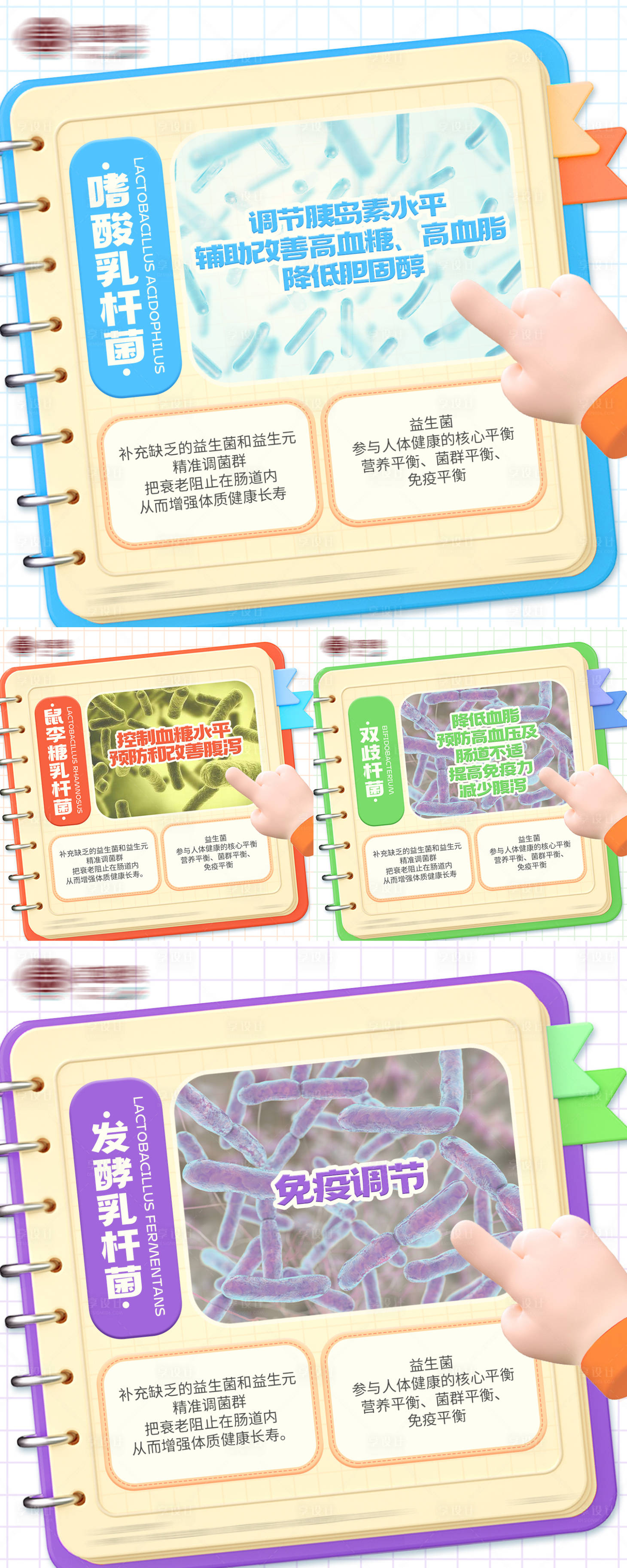 源文件下载【享设计】搜索编号：73290019398986859【正方形益生菌有益菌种类科普海报】