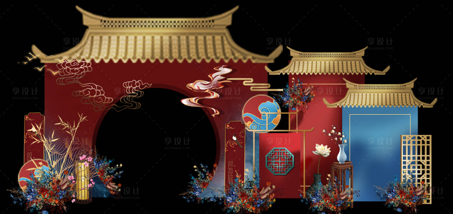 源文件下载【享设计】搜索编号：23250020016108086【中式撞色拱门婚礼效果图堆头美陈】