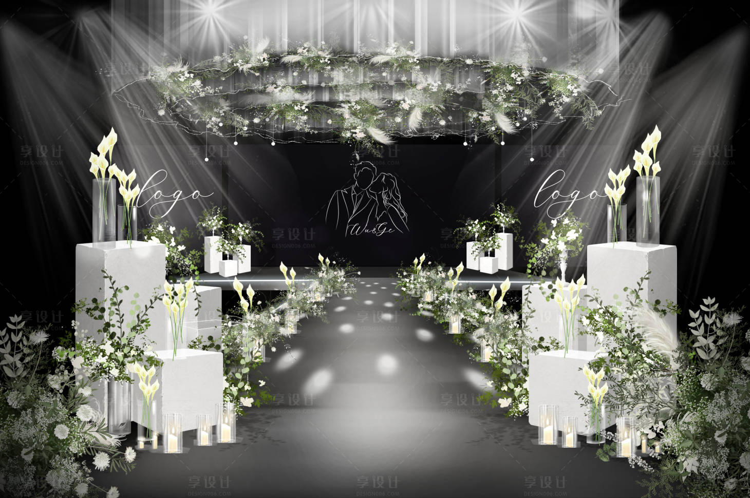 编号：20231025143216378【享设计】源文件下载-白绿韩式婚礼宴会厅效果图