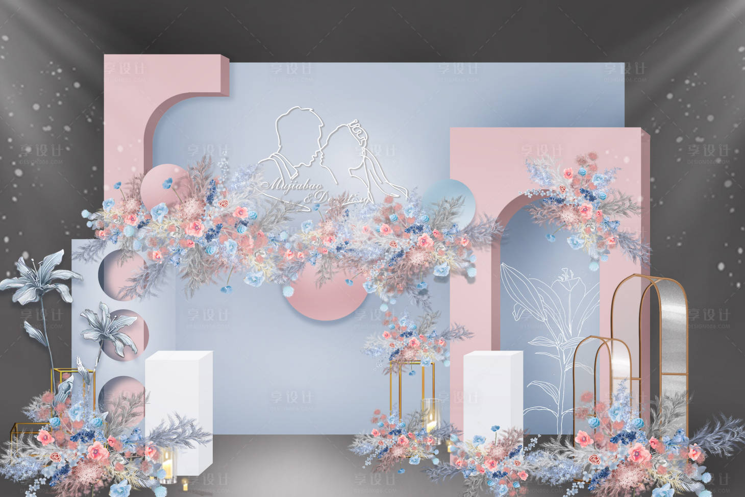 源文件下載【享設(shè)計(jì)】搜索編號(hào)：62600020086698303【粉藍(lán)小清新婚禮粉嫩合影堆頭美陳】