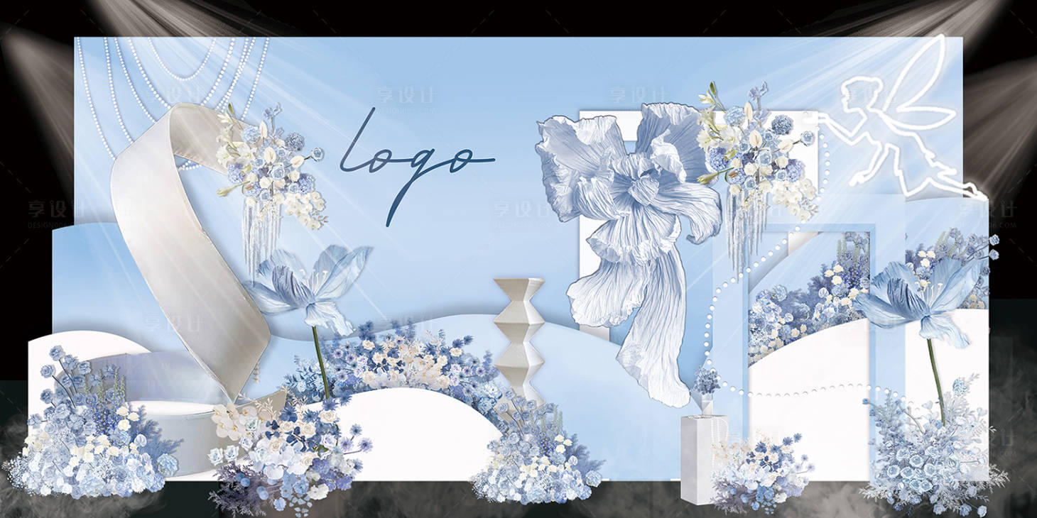 源文件下载【享设计】搜索编号：97740020134533920【淡蓝色层次造型婚礼纸花宴会厅效果图】