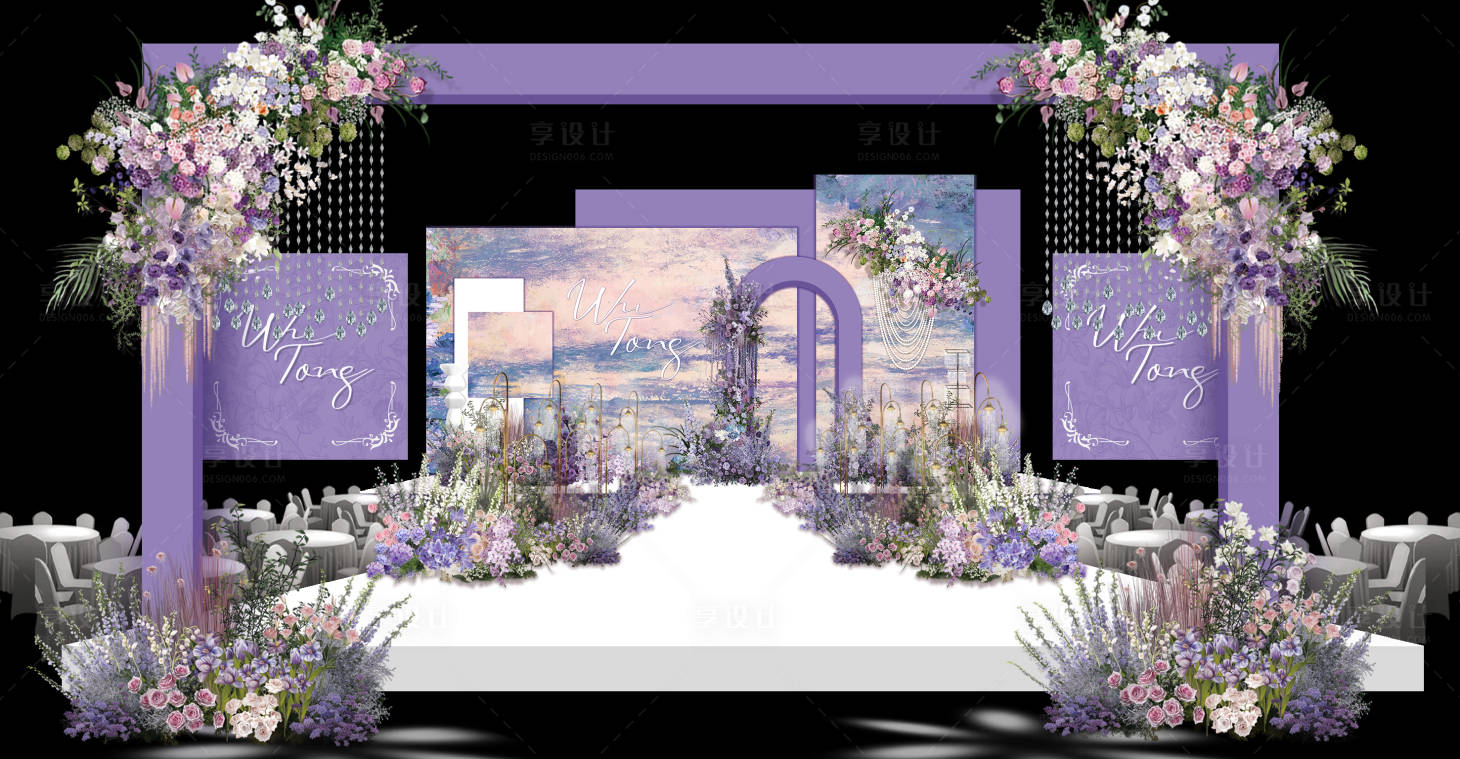 源文件下载【享设计】搜索编号：11620020279587156【紫色花园油画风浪漫婚礼框架珠帘仪式效】
