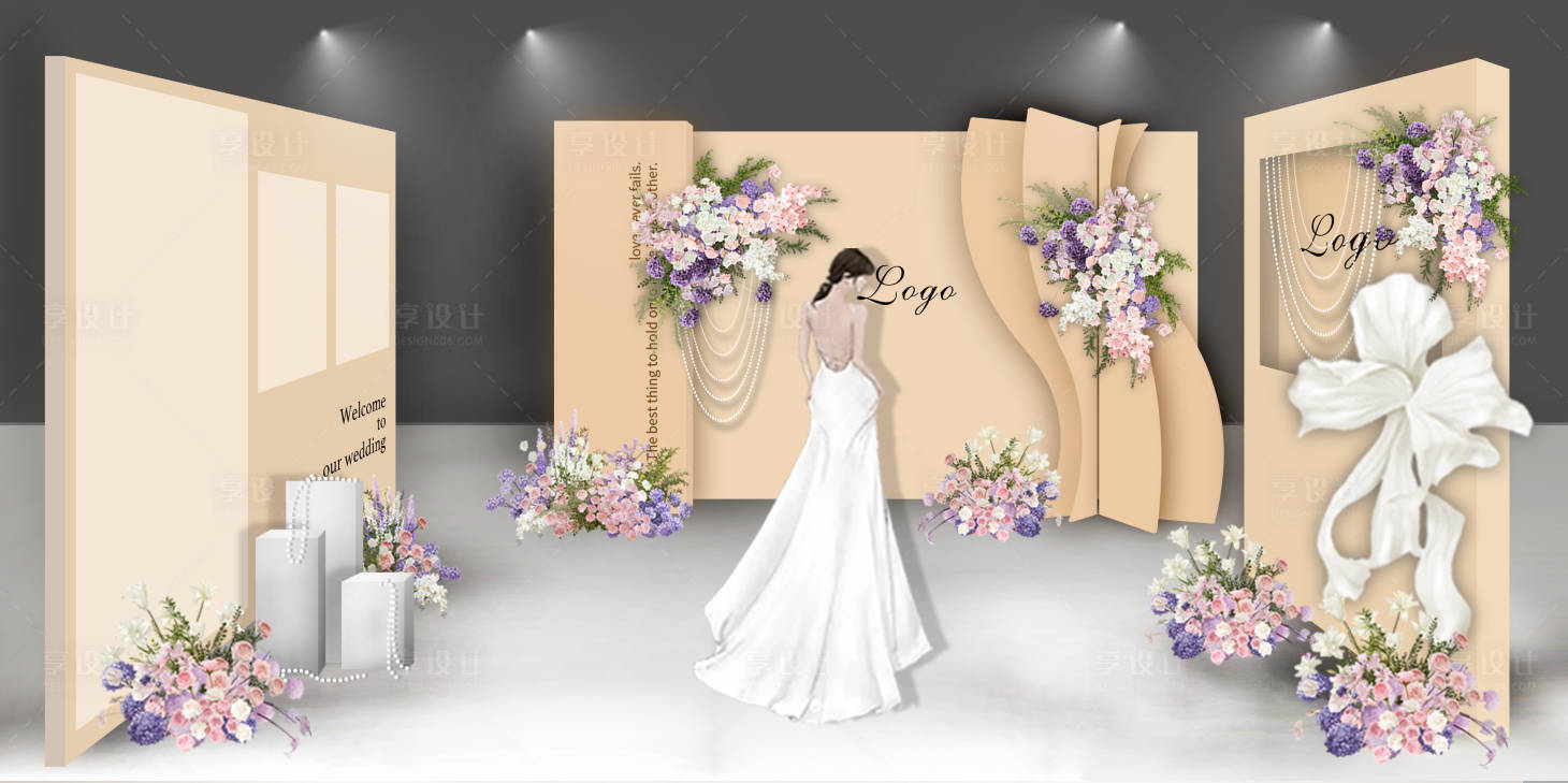 源文件下载【享设计】搜索编号：18590020326601203【香槟色过道婚礼迎宾区堆头美陈】