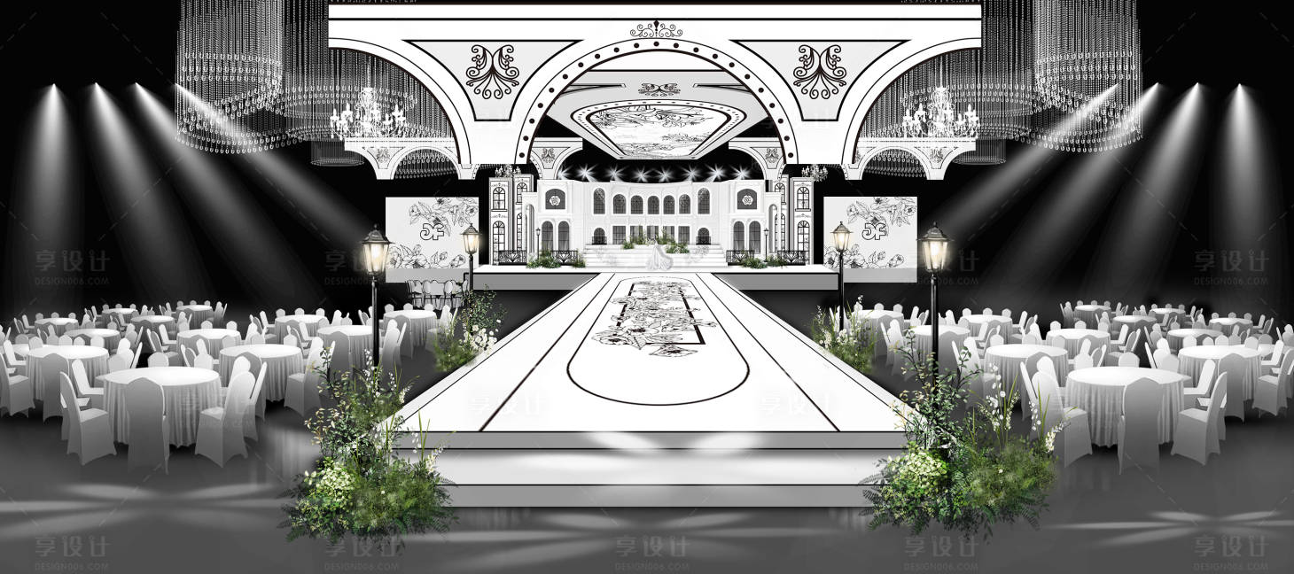 源文件下载【享设计】搜索编号：56080020194854845【黑白法式水晶吊顶花园婚礼背景板】