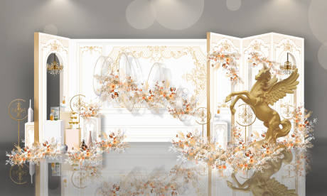 编号：20231116160124617【享设计】源文件下载-欧式香槟白飞马合影迎宾婚礼效果图