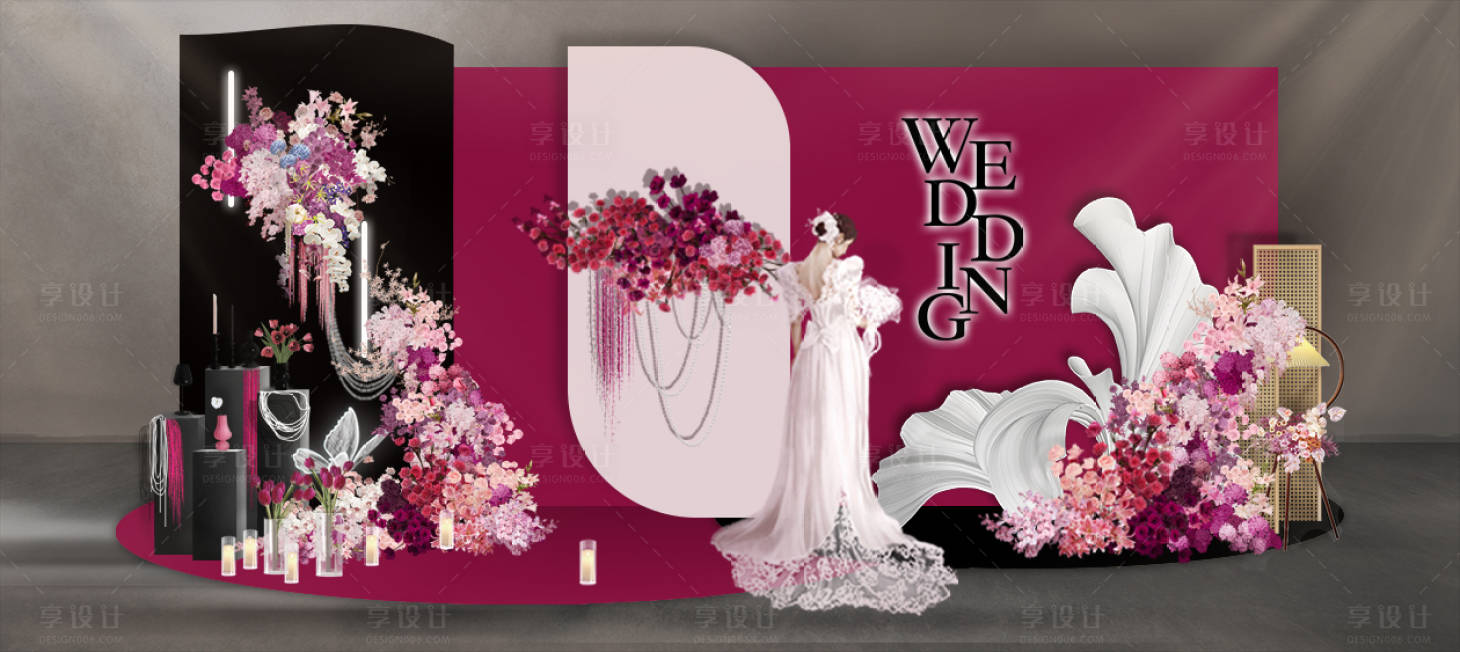 源文件下载【享设计】搜索编号：64140020421885643【玫红粉小众高级室内婚礼活动美陈】