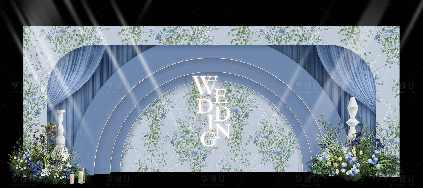 源文件下载【享设计】搜索编号：43350020287052221【蓝色法式小碎花婚礼合影区背景板】