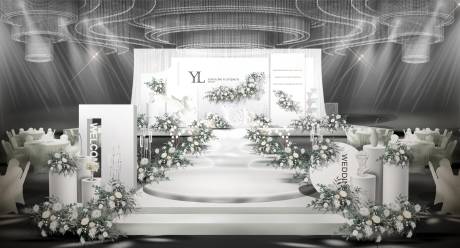 韩式白绿小清新婚礼背景板