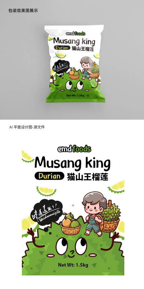 源文件下载【猫山王榴莲卡通包装设计】编号：69800020766017276