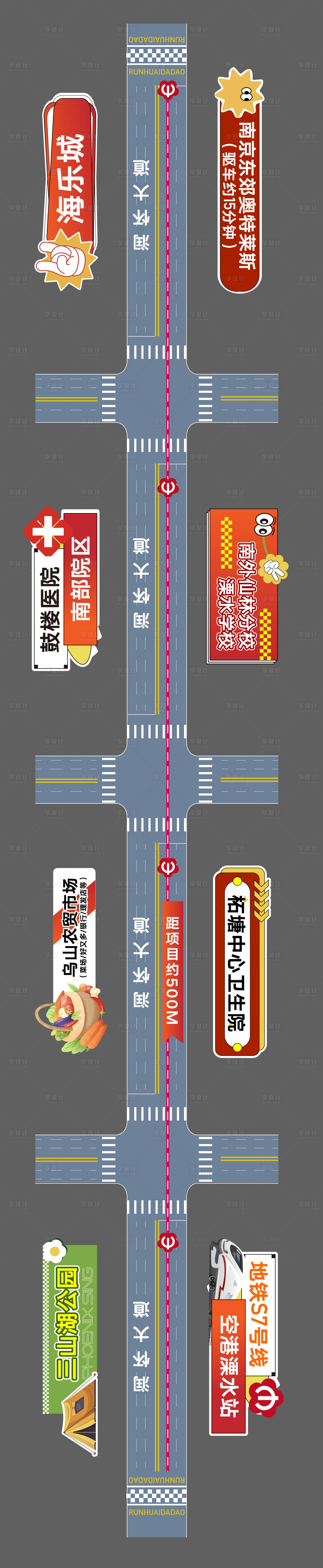 源文件下载【享设计】搜索编号：85620021218917364【地产道路路线配套价值点物料地贴手举牌】