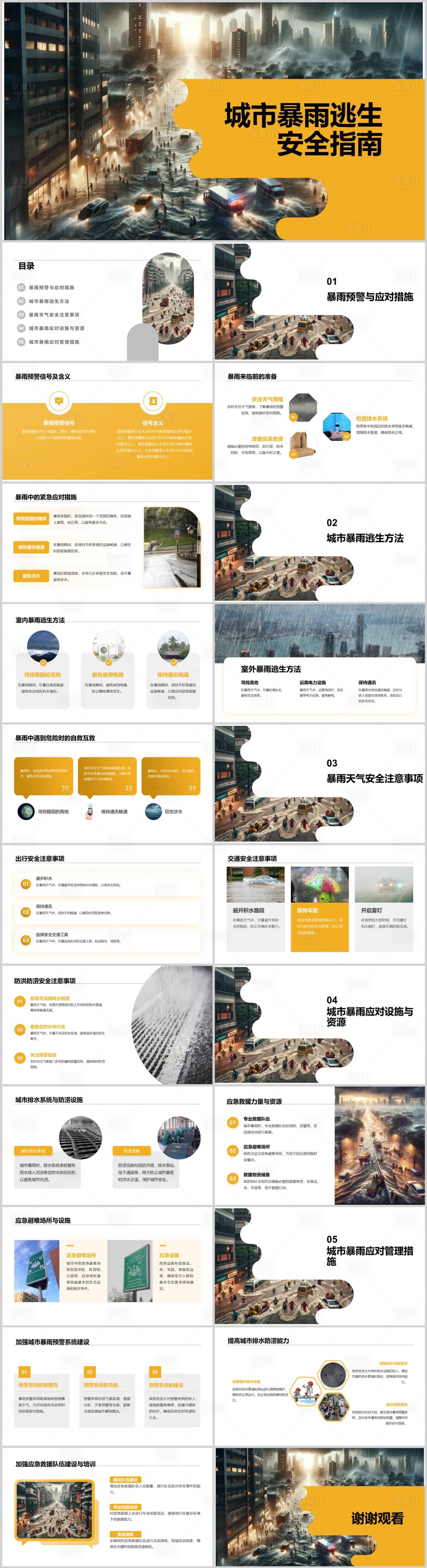 源文件下载【享设计】搜索编号：91610021655633215【城市暴雨逃生安全指南PPT】