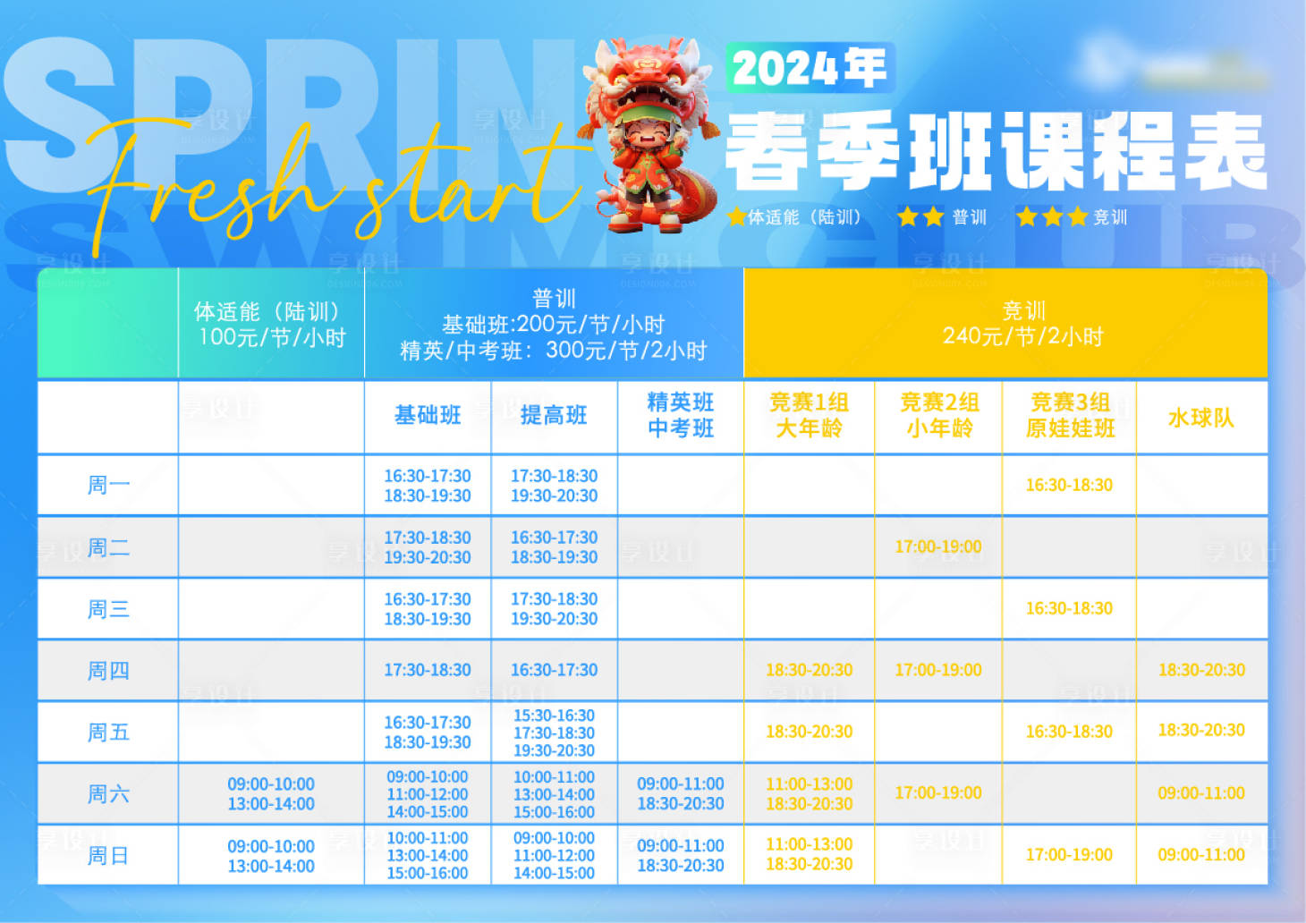 源文件下載【享設計】搜索編號：12150021659542254【課程表春季游泳館培訓背景板】