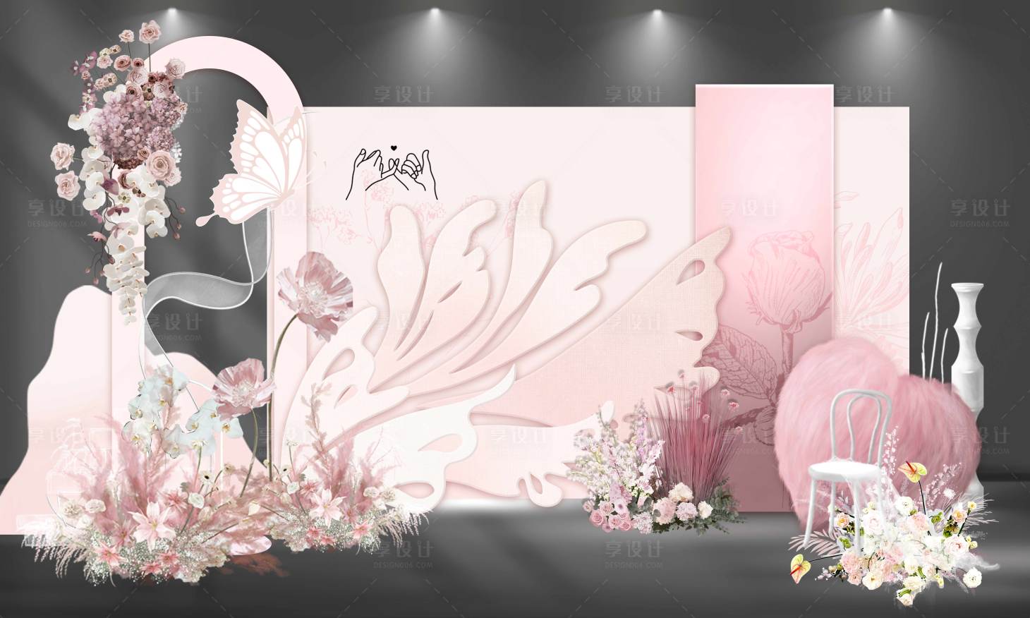 源文件下載【享設計】搜索編號：90270021591038234【毛絨蝴蝶婚禮合影堆頭美陳】
