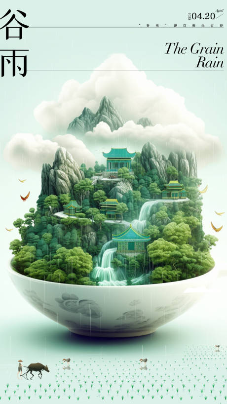 新中式谷雨节气创意海报-源文件【享设计】