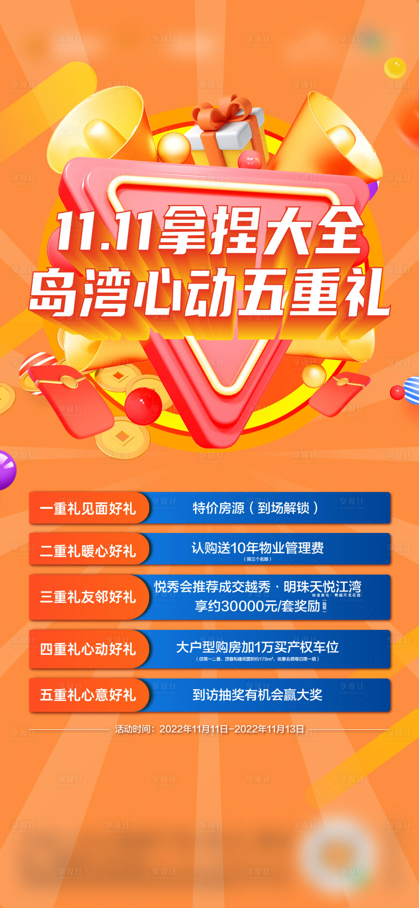 源文件下载【享设计】搜索编号：55610022131537426【双11岛湾五重礼刷屏海报 】