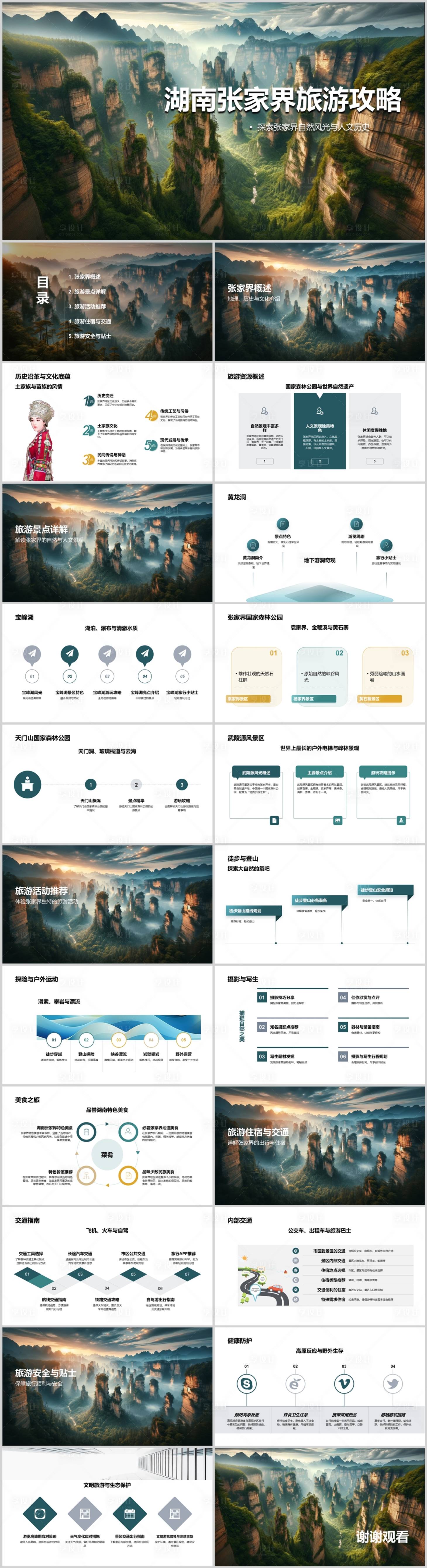 源文件下载【享设计】搜索编号：92750022539233642【湖南张家界旅游攻略PPT】