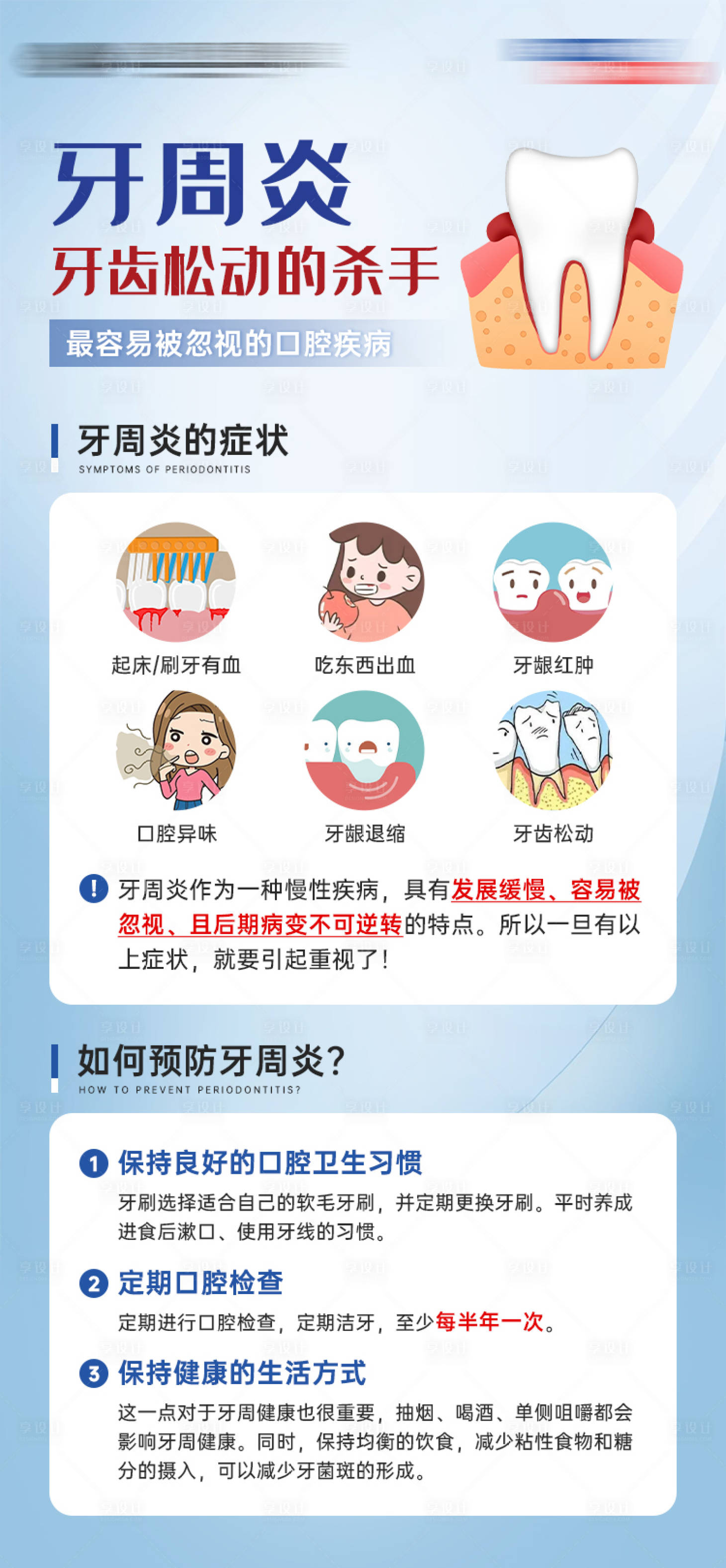 源文件下载【享设计】搜索编号：40860022820313366【牙周炎症状预防口腔科普海报】
