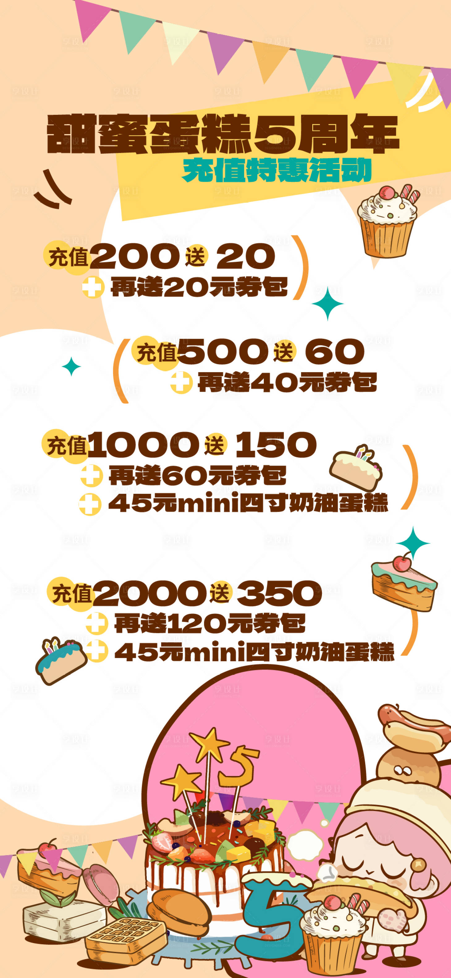 源文件下载【享设计】搜索编号：60660022412594596【蛋糕店周年庆充值活动展架 】