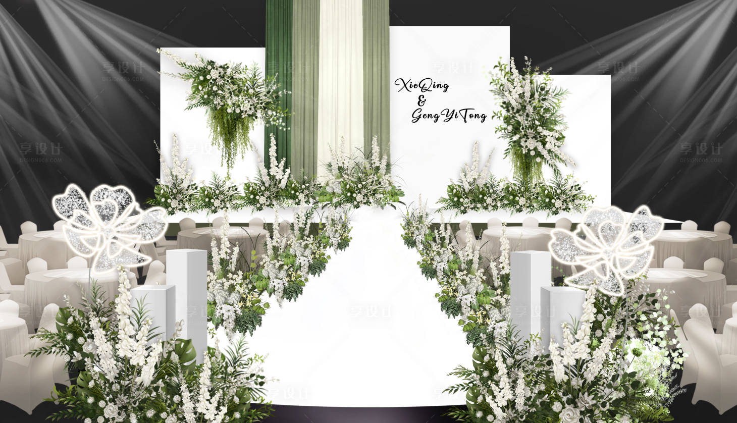 编号：21250023402869235【享设计】源文件下载-绿白小清新室内户外婚礼效果图