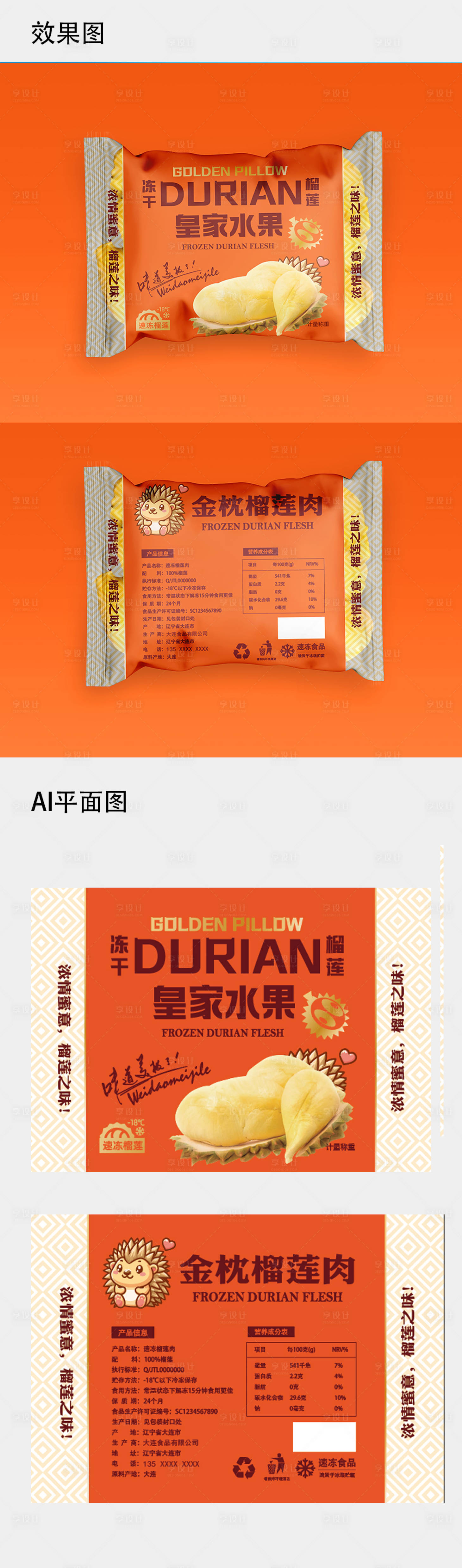 源文件下载【金枕榴莲刺猬卡通形象包装盒设计】编号：36890023328693144