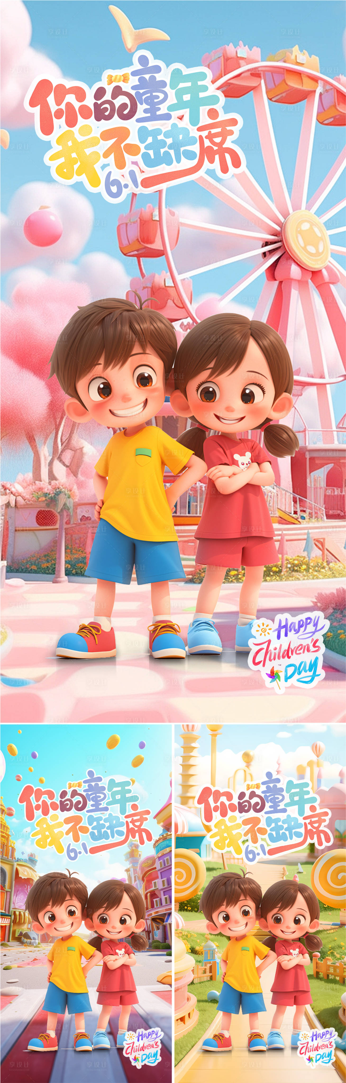 源文件下載【享設計】搜索編號：35750024113133380【六一兒童節游樂園3D插畫海報】