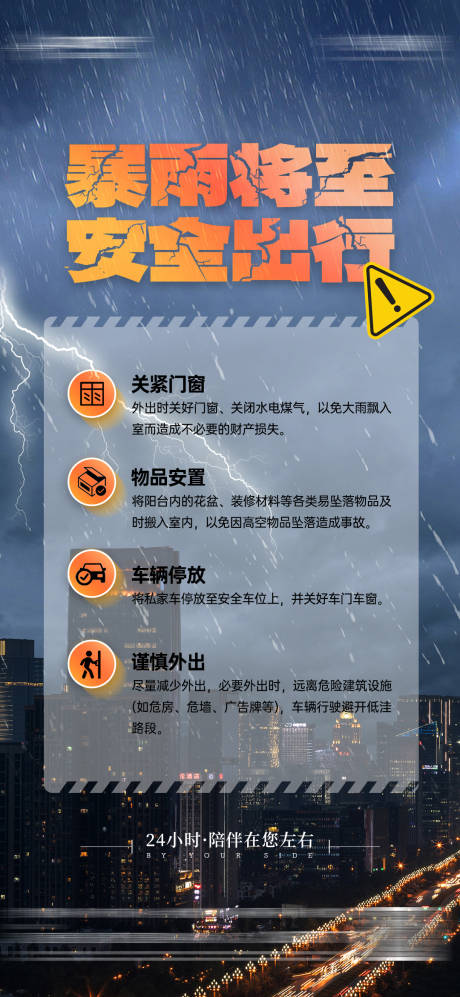 源文件下载【物业服务暴雨大雨预警安全出行警示海报】编号：37350023983614384