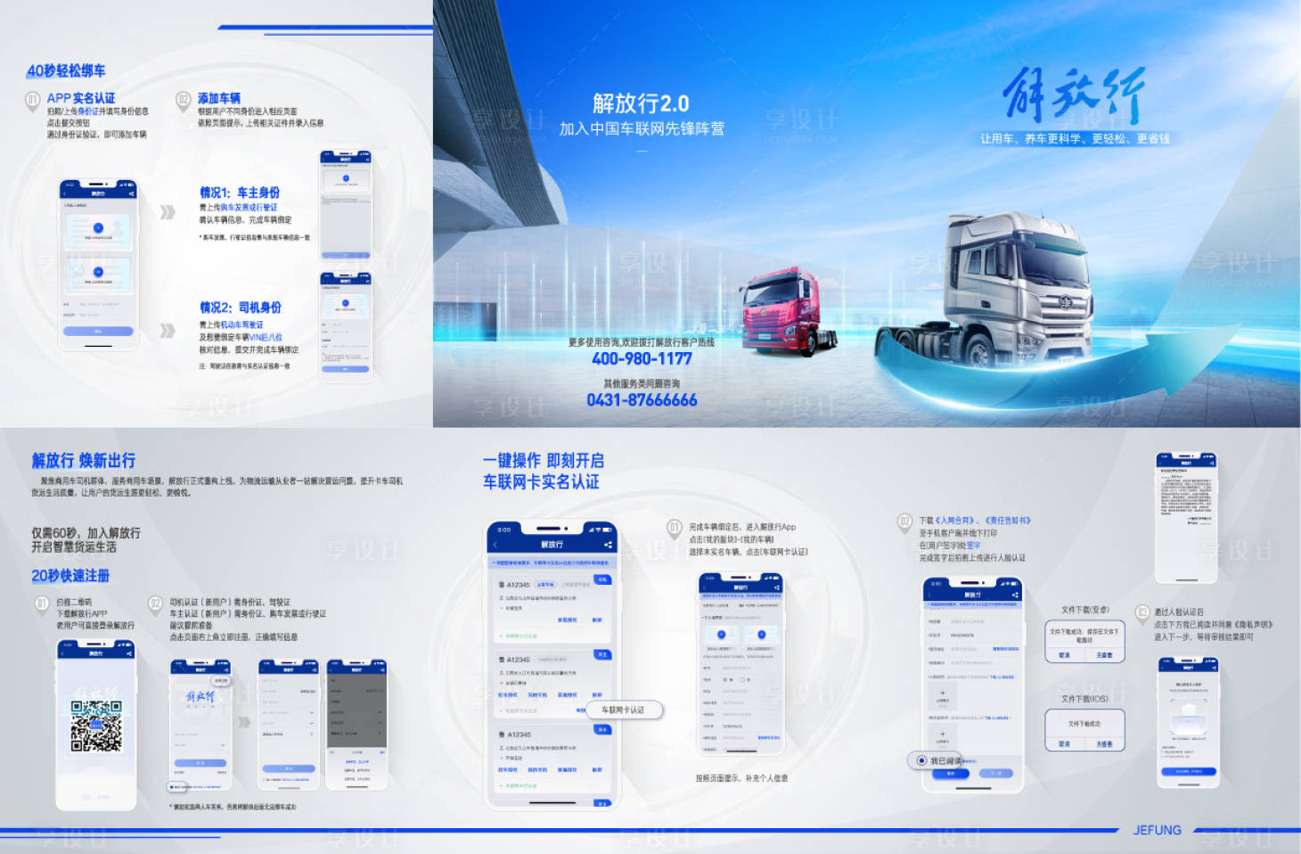 源文件下載【享設計】搜索編號：51010023992276367【解放行汽車App使用教程四折頁】