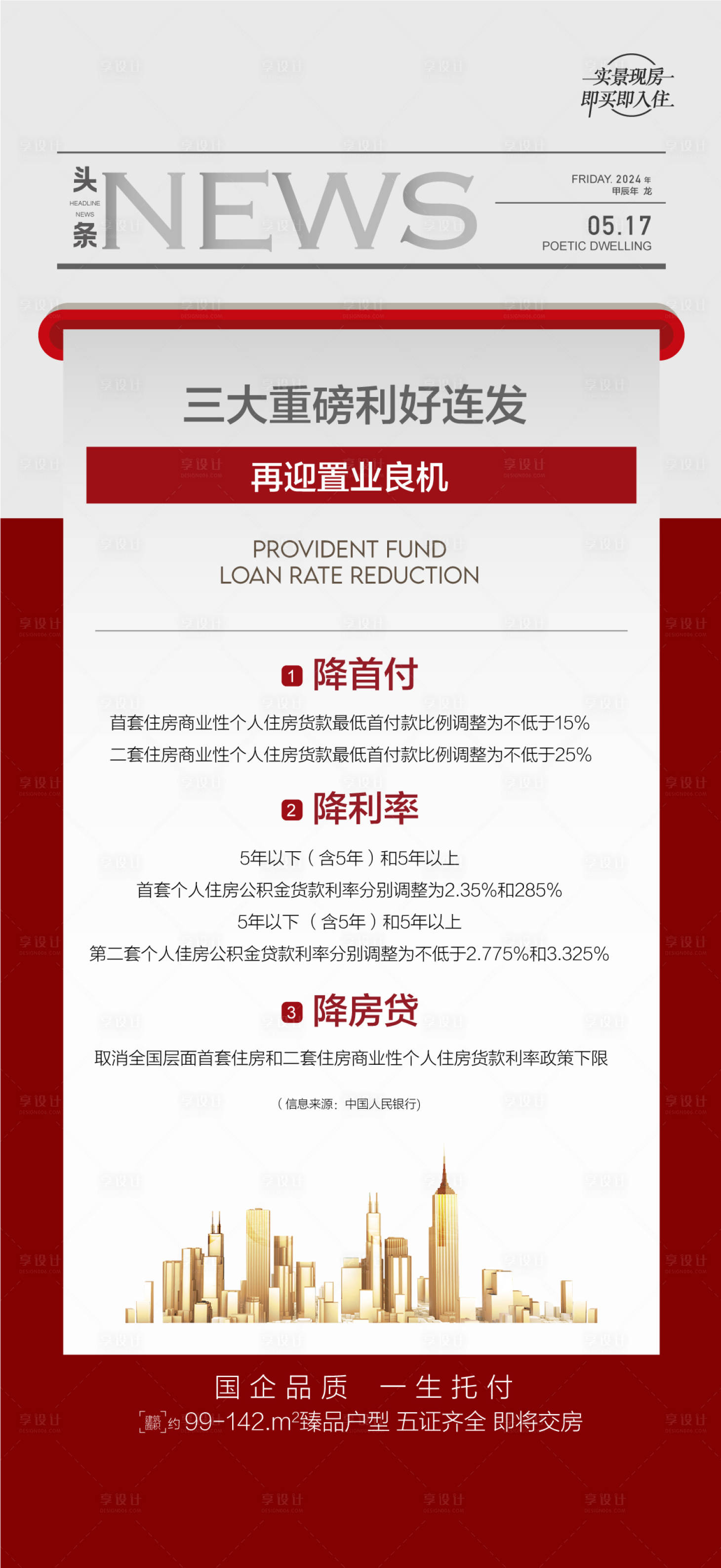 源文件下載【享設(shè)計(jì)】搜索編號(hào)：16610024441657151【央行重磅新政樓市政策紅金海報(bào) 】