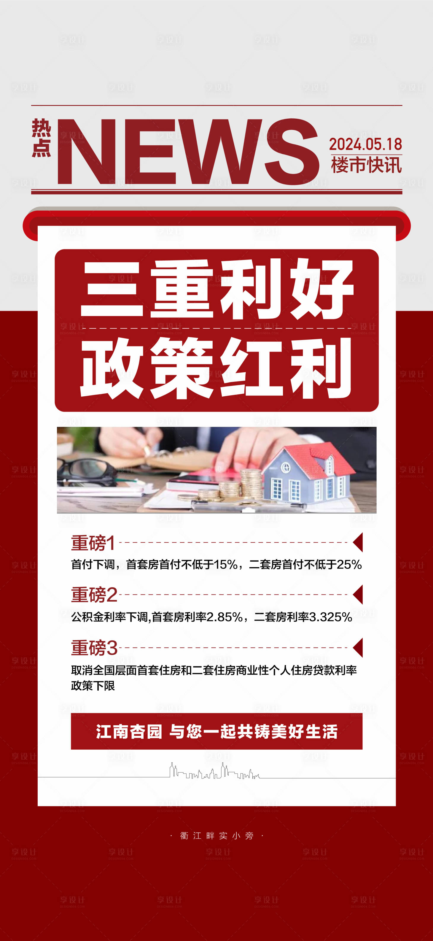 源文件下载【享设计】搜索编号：70900024443183405【重磅楼市利好快讯降息降首付海报 】