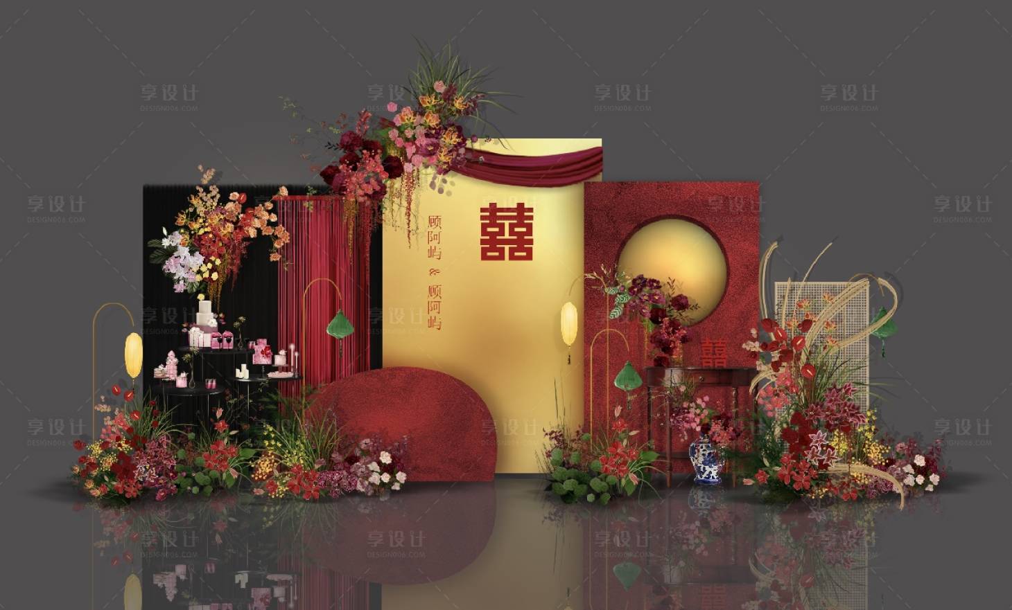 源文件下載【享設計】搜索編號：60220025092354060【南洋風新中式紅色系訂婚布置美陳】