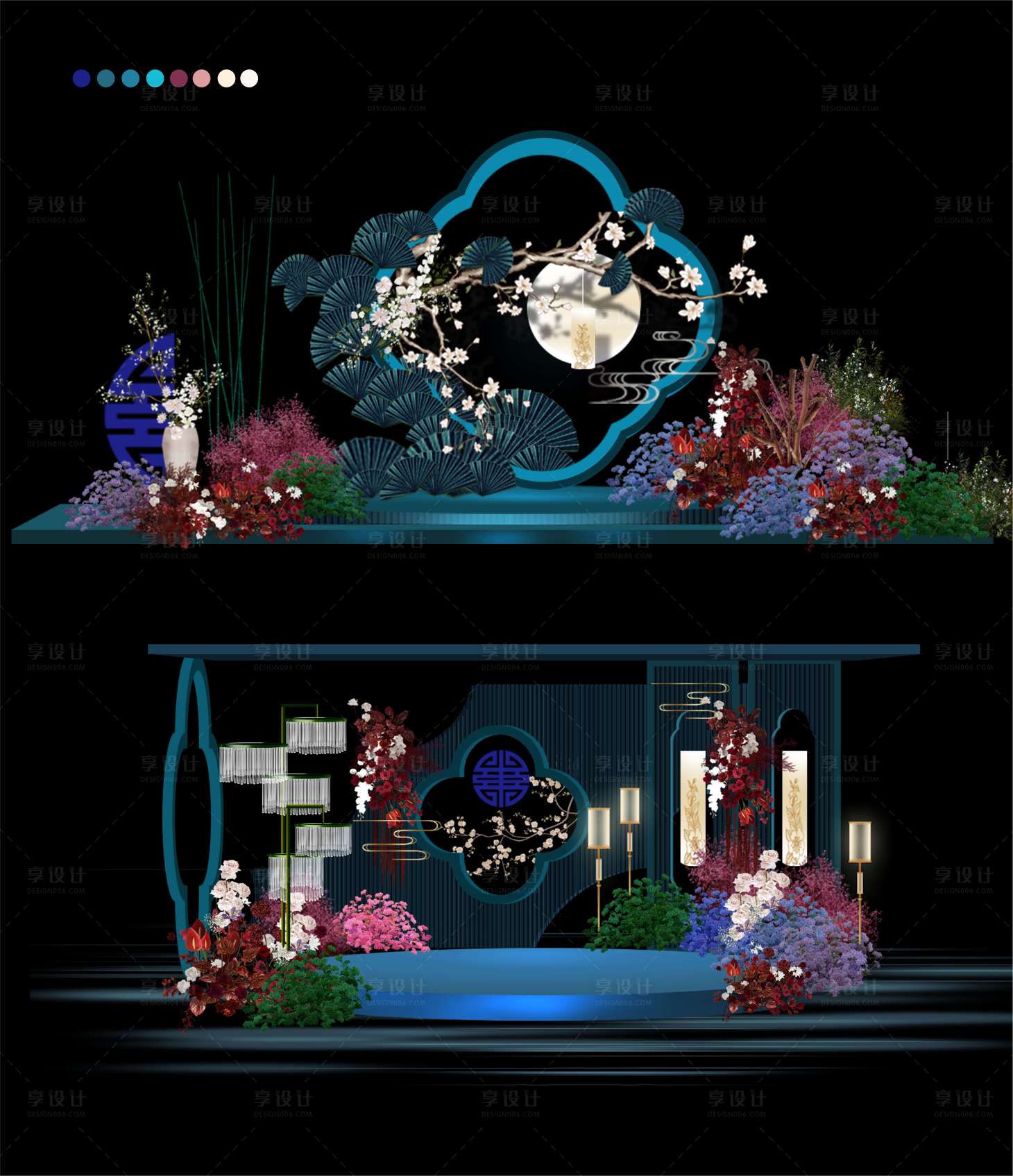 源文件下載【享設計】搜索編號：88700025740113341【宮廷風中式東方意蘊古風藍色婚禮美陳】
