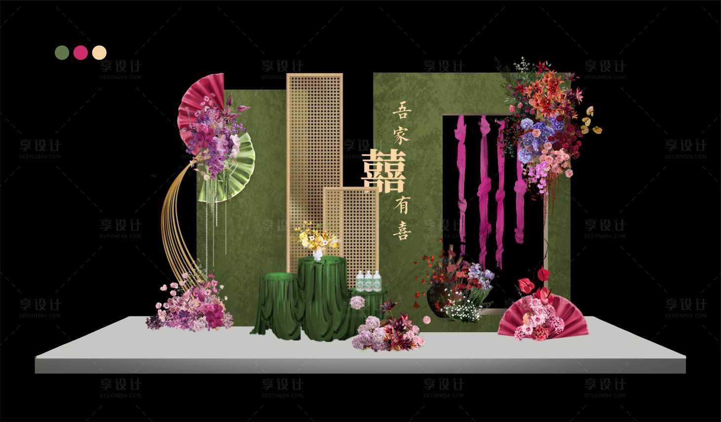 源文件下载【新中式南洋风撞色玫红婚礼美陈】编号：34000025716655829