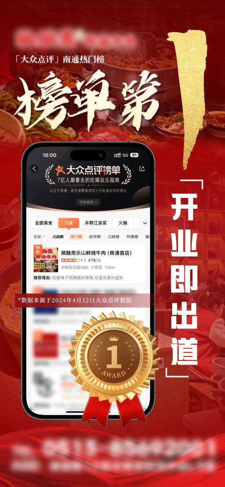 源文件下载【餐饮点评热门榜单第一名喜报海报】编号：38170025972827783
