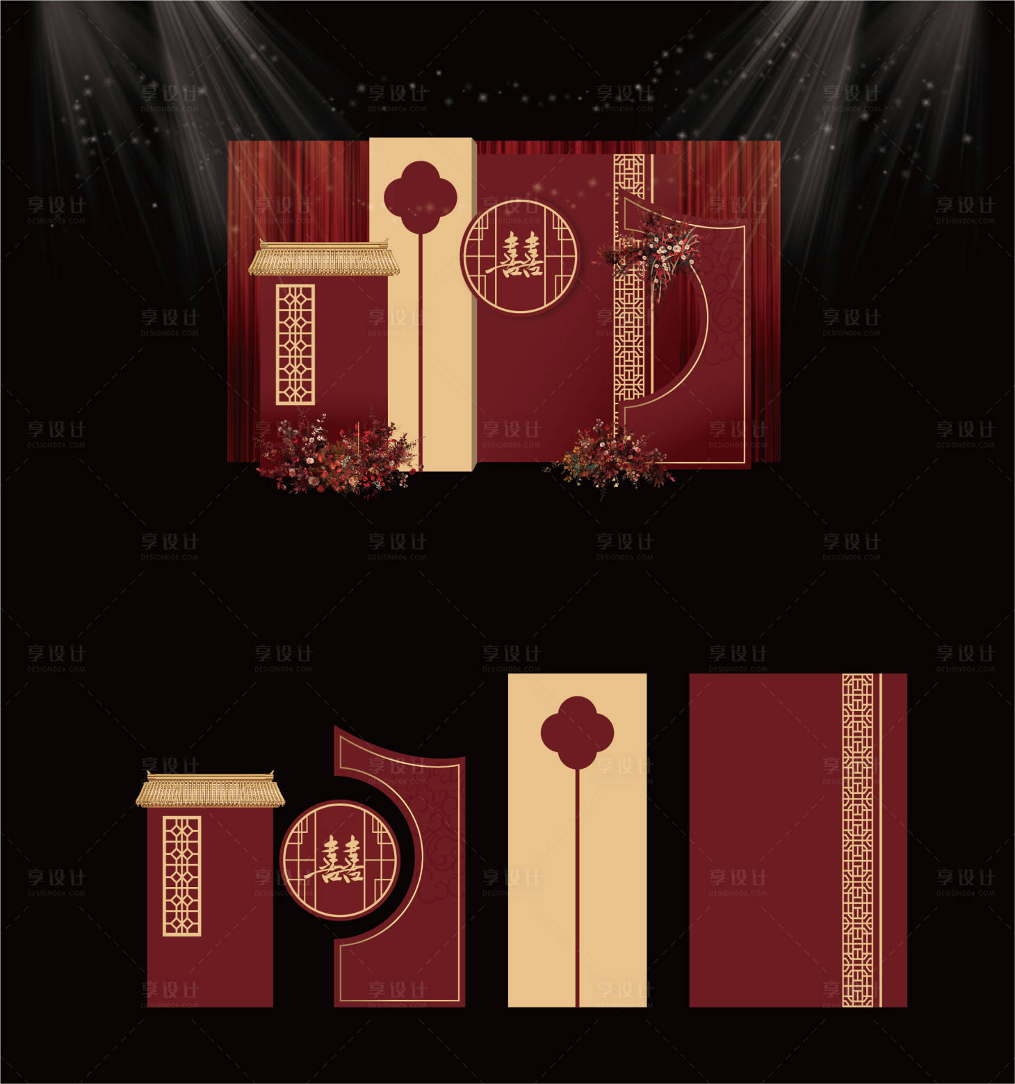 源文件下载【享设计】搜索编号：71320026404906965【红色中式婚礼合影区美陈布置】