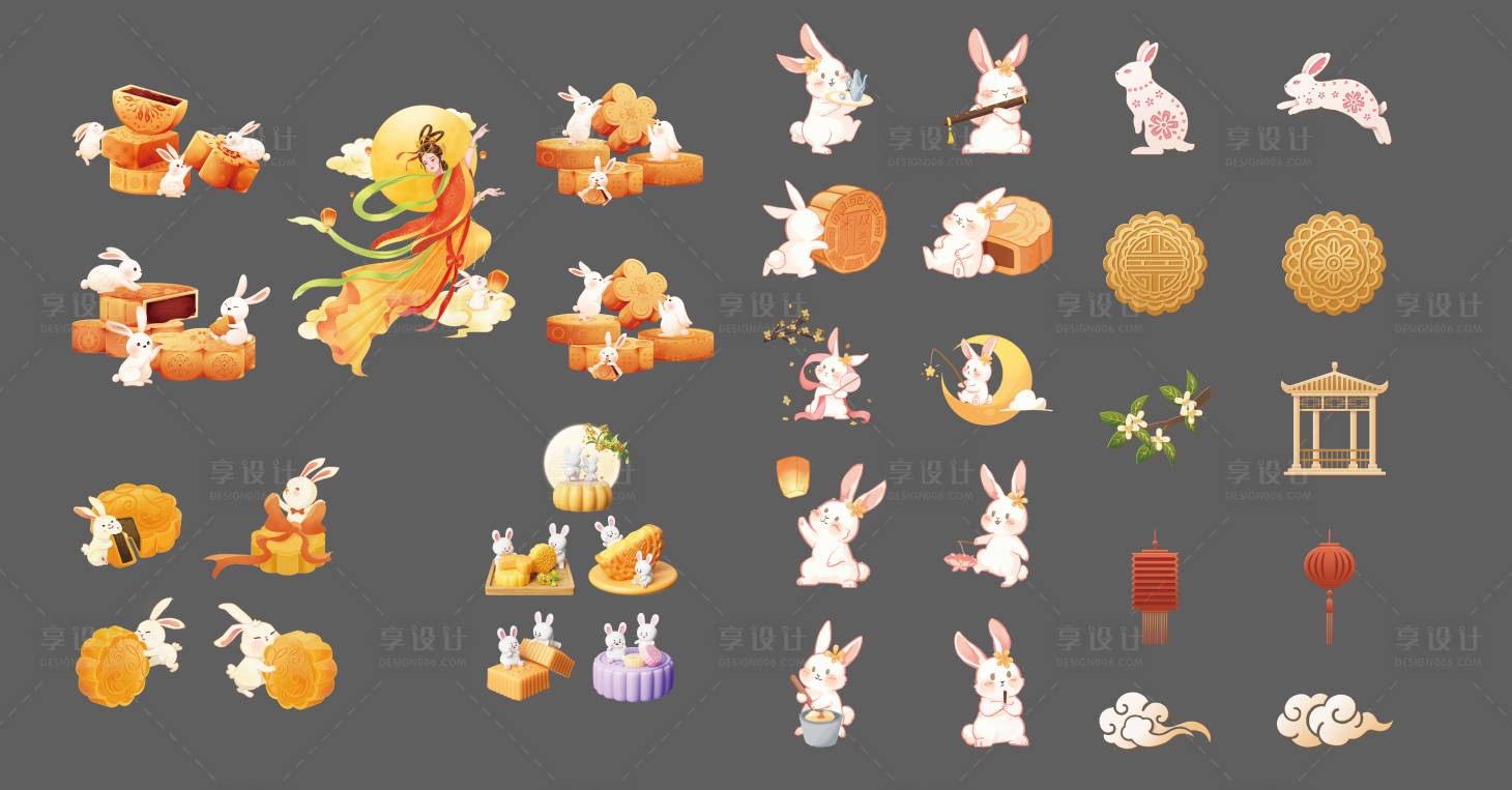 源文件下载【享设计】搜索编号：21260026032799302【中秋节兔子月饼嫦娥贴纸元素】