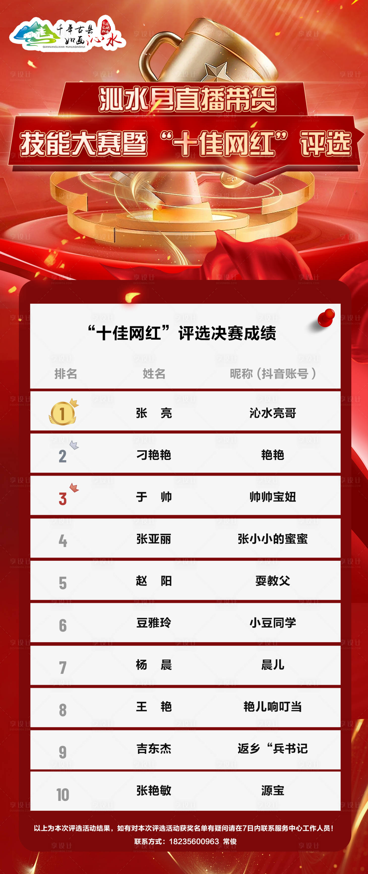 源文件下载【享设计】搜索编号：68470027050251288【直播带货技能大赛十佳网红评选名单海报】