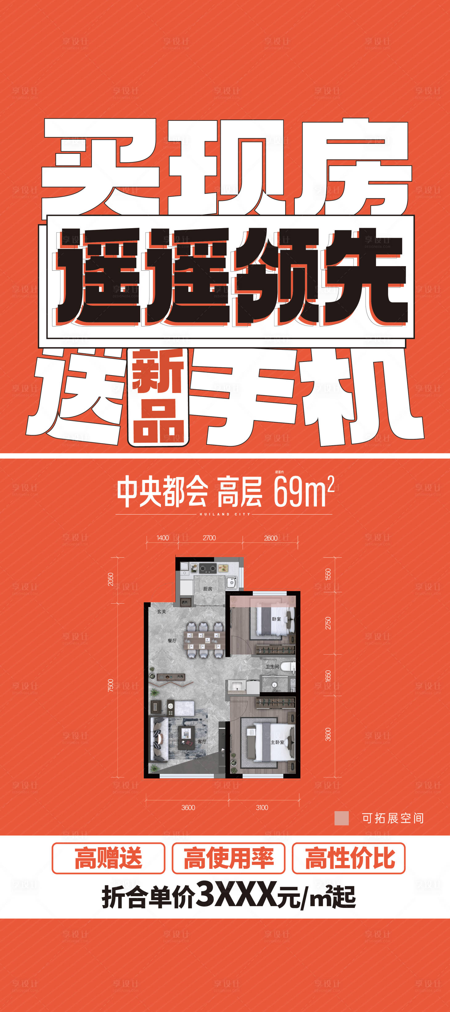 源文件下载【享设计】搜索编号：73410026922019588【房地产现房户型政策海报】