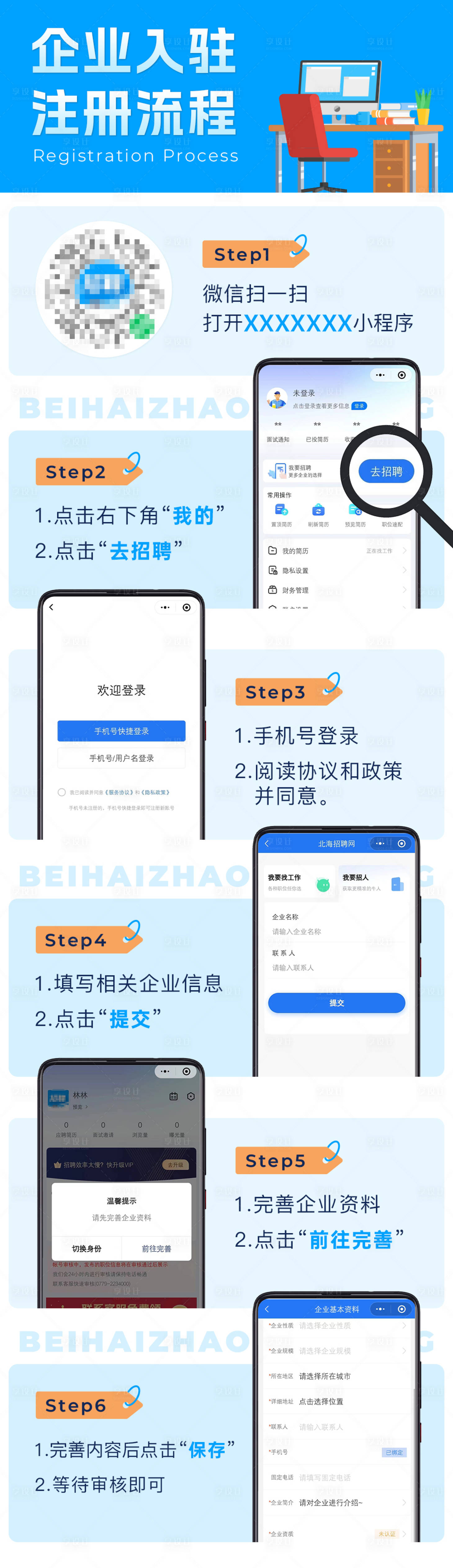 源文件下載【享設計】搜索編號：19180026741641874【企業入駐注冊流程長圖】