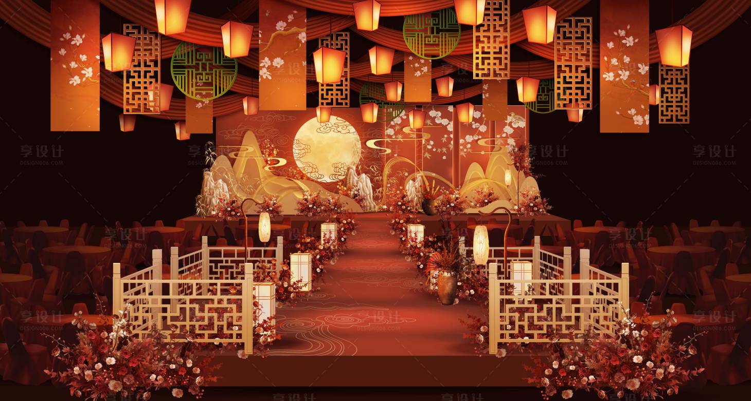 源文件下载【享设计】搜索编号：84240027271277919【中式红色婚礼舞台区美陈】