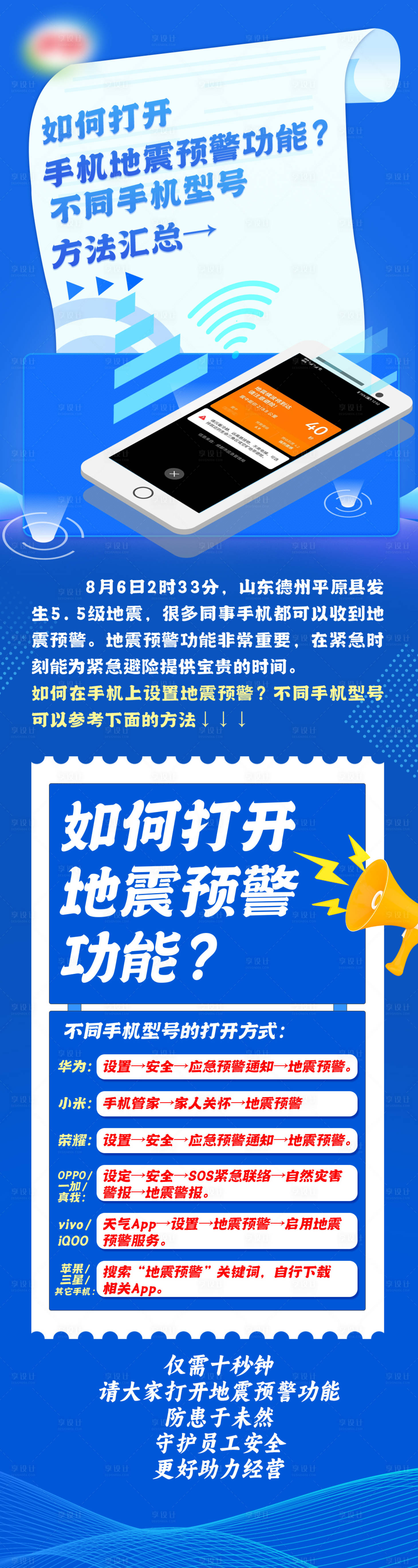 源文件下载【享设计】搜索编号：23150027136726061【手机地震预警功能指南长图海报】