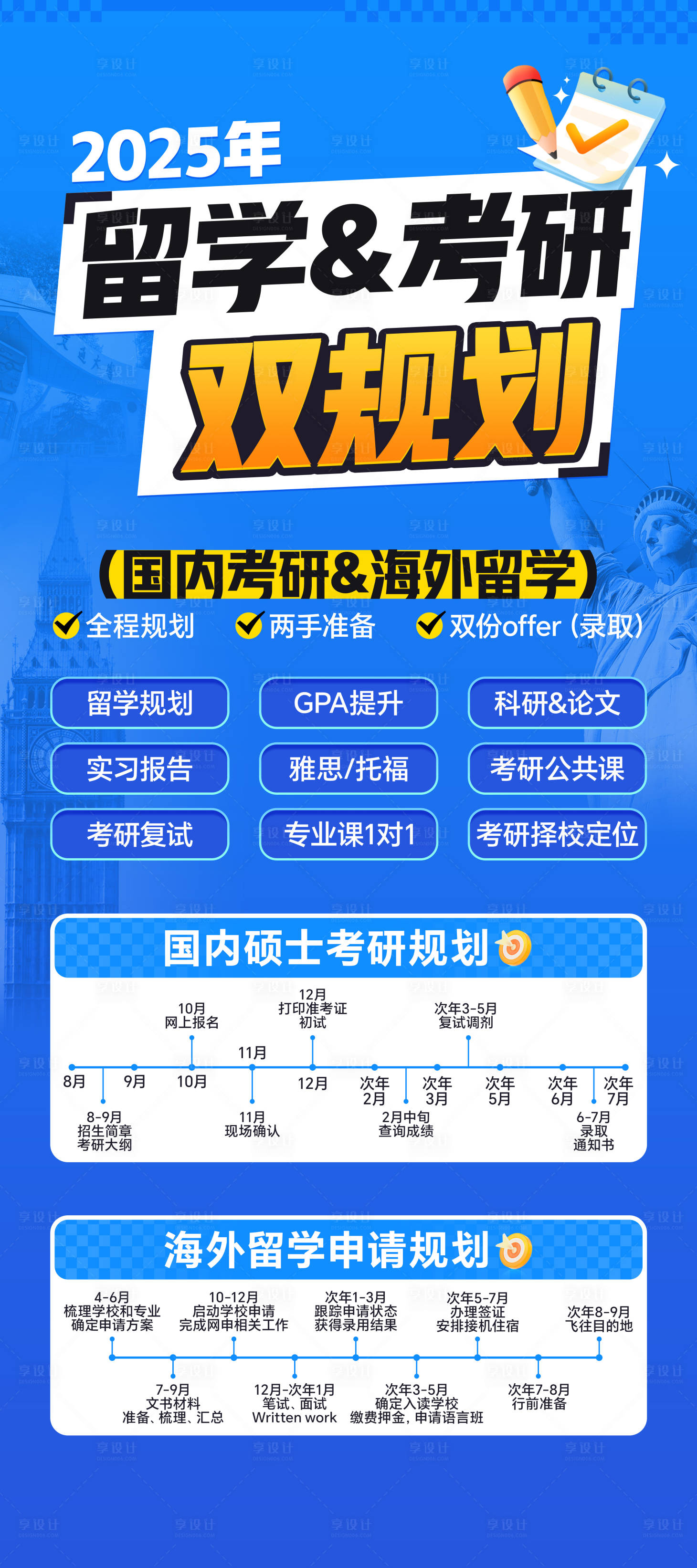 源文件下载【享设计】搜索编号：34800027463014084【留学考研双规划海报】