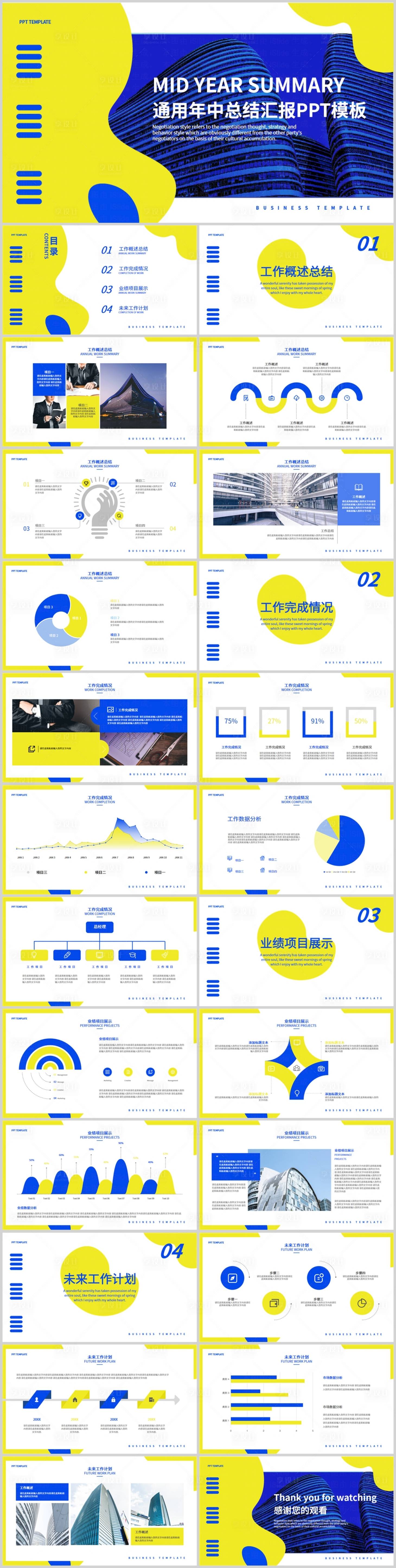源文件下载【享设计】搜索编号：97190027068197102【黄蓝色简约商务风年中总结汇报】