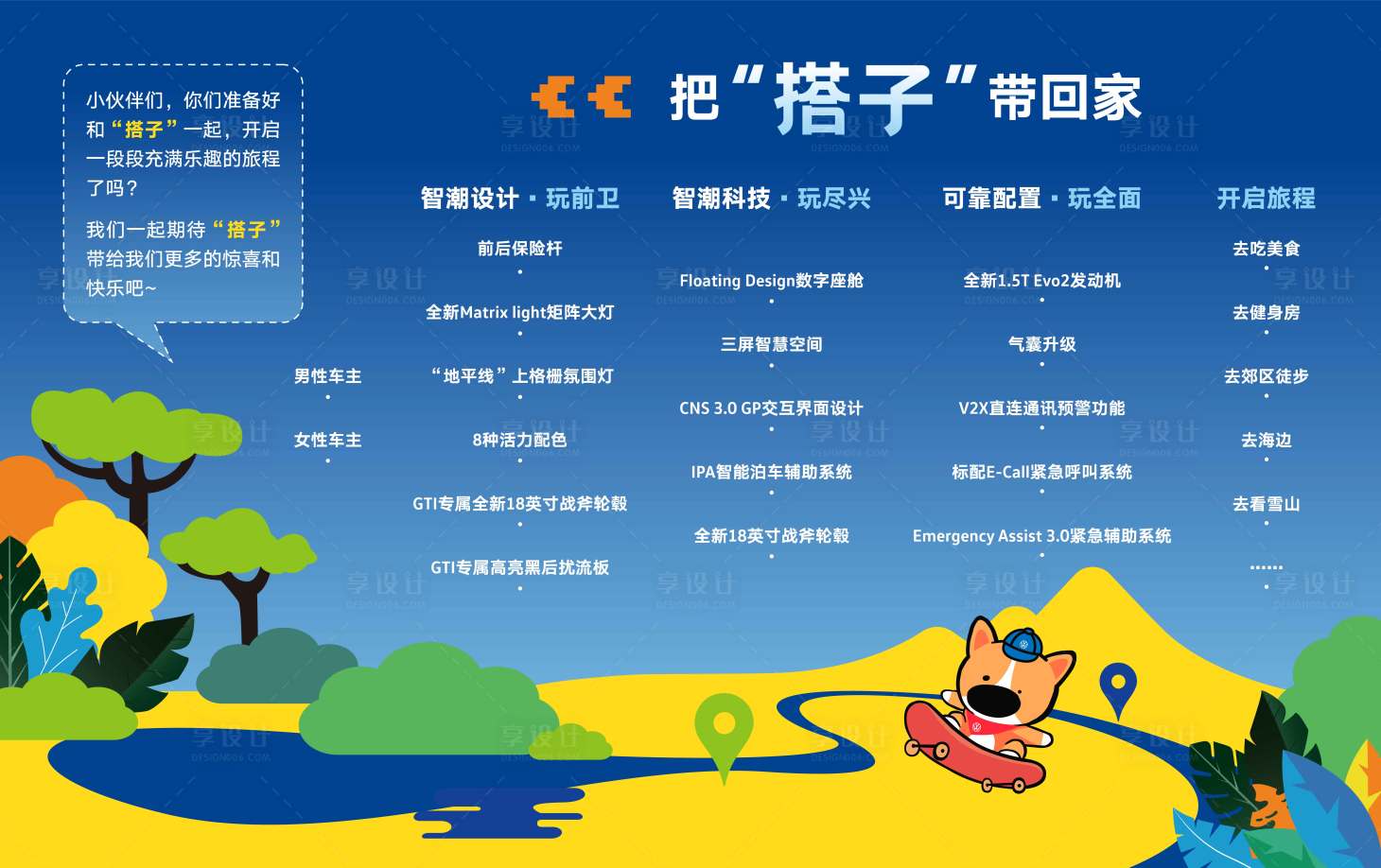 源文件下载【享设计】搜索编号：82130027826839719【汽车IP插画互动背景板】