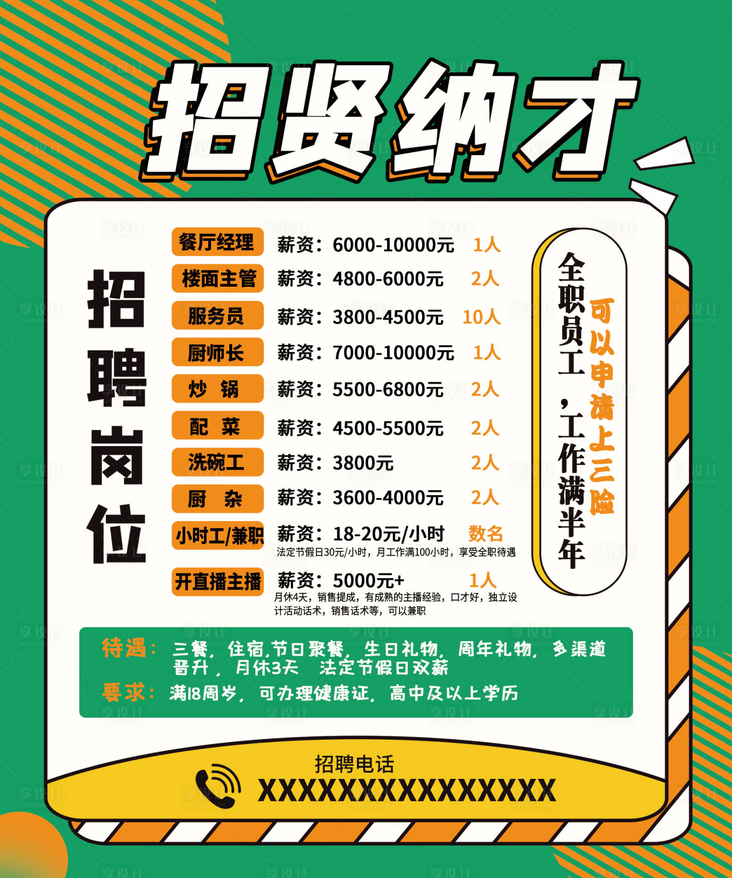 源文件下載【享設計】搜索編號：36020028004064384【餐飲招聘宣傳海報】