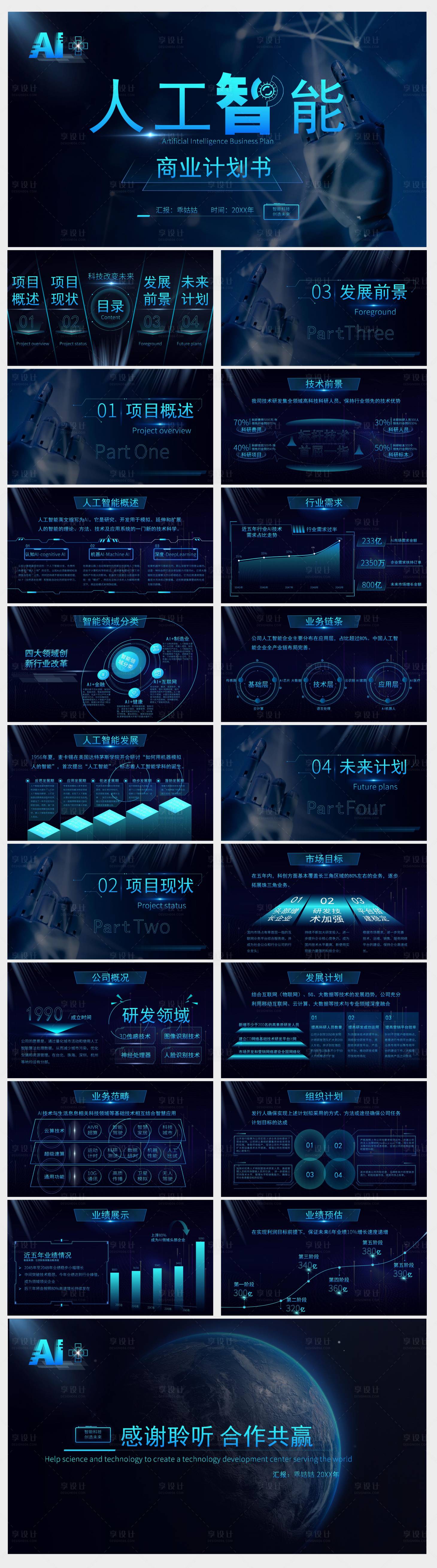 源文件下載【享設計】搜索編號：33110028266349698【藍色科技風商業計劃書PPT模板】
