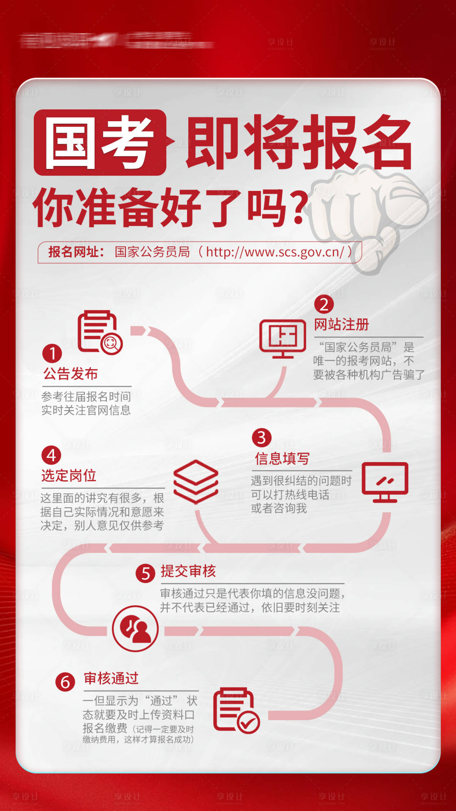 源文件下載【享設計】搜索編號：58860028220713799【紅色國考報名流程宣傳海報】