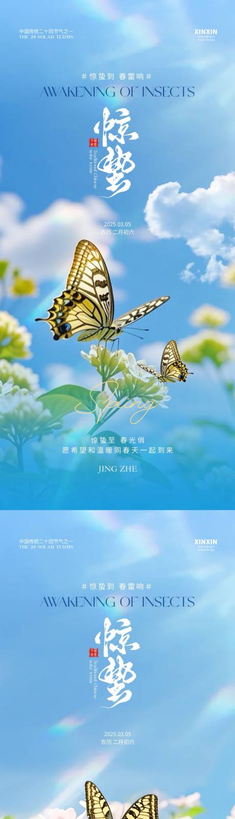 惊蛰节气清新蝴蝶花丛海报