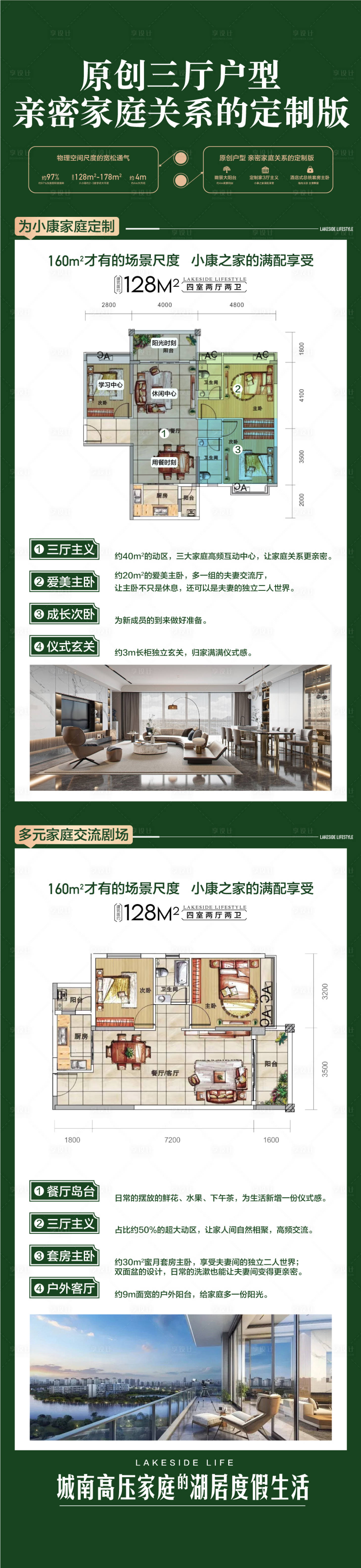 源文件下载【享设计】搜索编号：29210028594407572【一线湖景三厅户型卖点配套长海报】